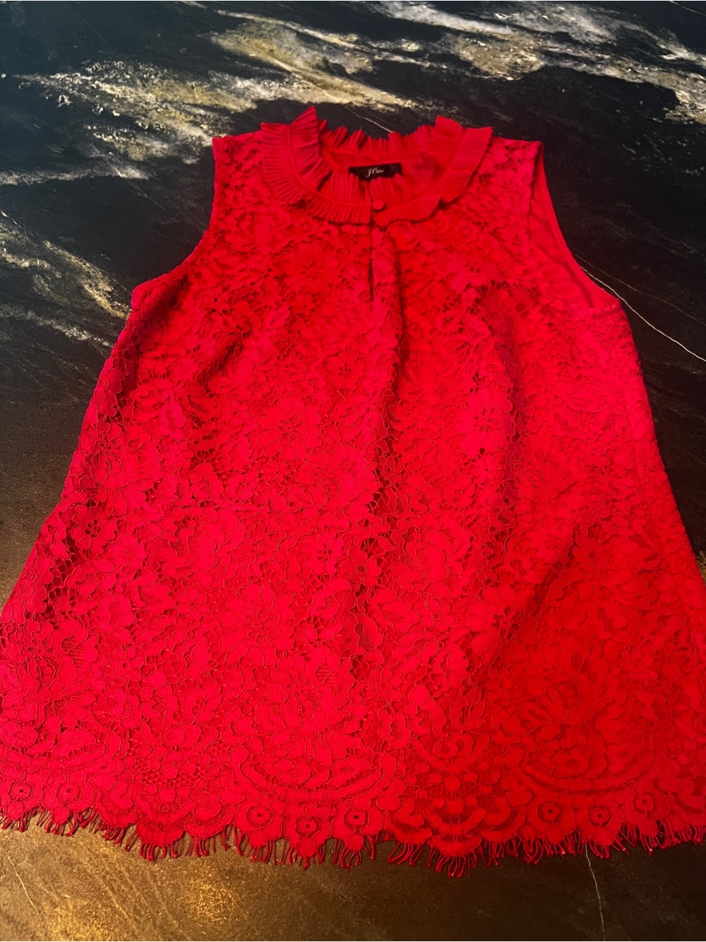 J. Crew Dark/Bright Red Lace Sleeveless Ruffle-Neck Dressy Tank